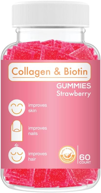 Collagen Biotin Gummies - Supports Hair, Skin & Nails Hair Growth Anti Aging Care Chewable Gummy Vitamins, Vegan, Non-GMO, Gluten Free, Gelatin Strawberry Flavor 60 Count, Pink