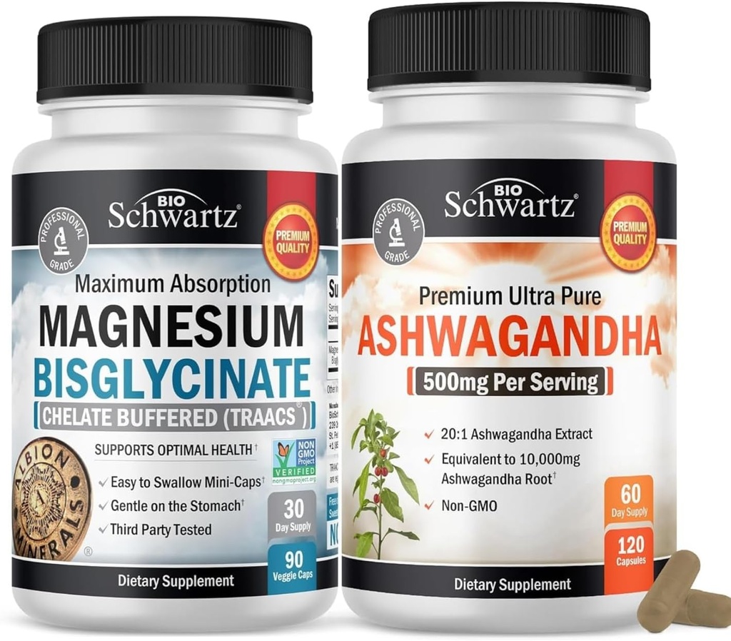 Ekstra styrke Ashwagandha kapsler (2 måneders forsyning) Plus høj absorption Magnesium Bisglycinat kapsler (1 måneds forsyning