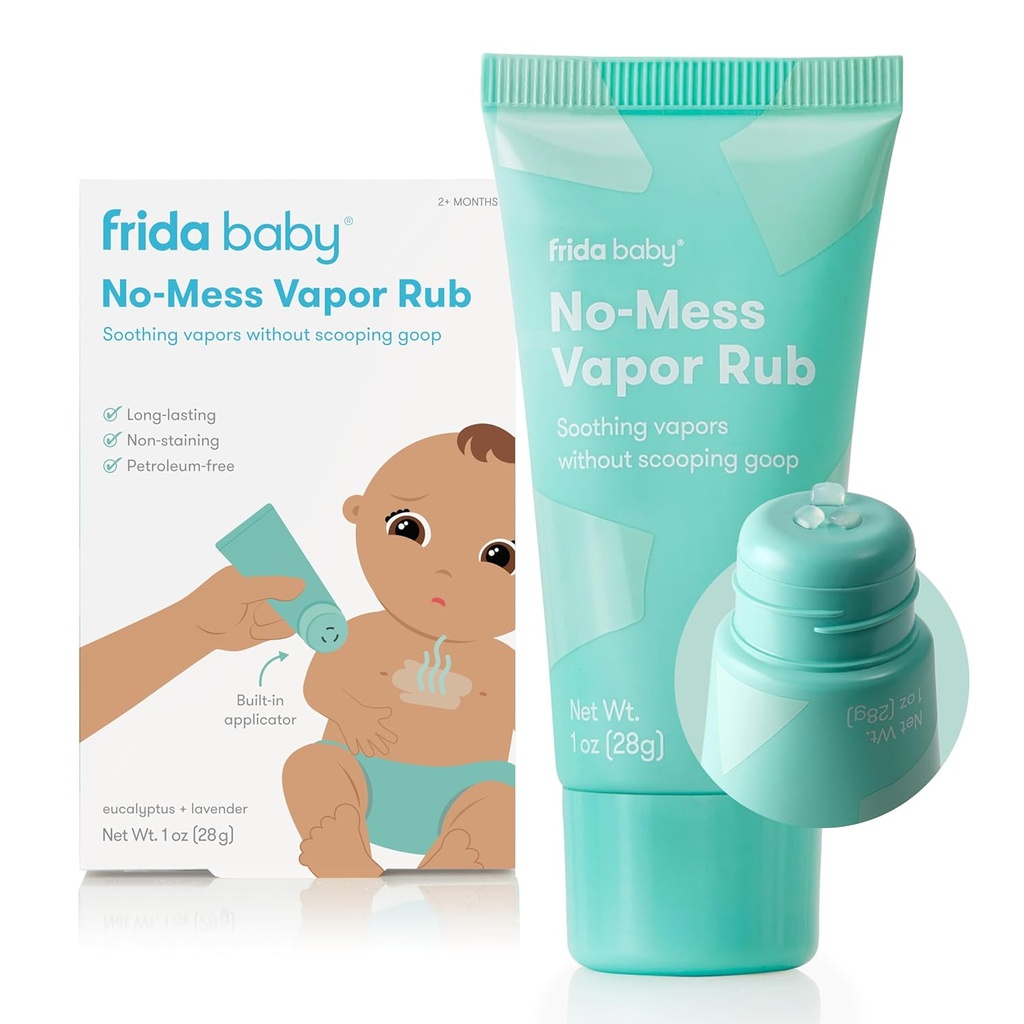 Frida Baby No- Mess Vapor Rub, Baby Vapor Rub for Chest, Neck, Back + Foot, Non-Medicated, Petroleum- Free, Hands- Free Applikator Tube, Non-Staining, Soothing Eucalyptus & Lavender for Sleep