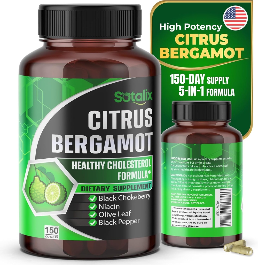 Premium Citrus Bergamot Organic Bergamot tillæg med Niacin Black Chokeberry Olive Leaf Black Pepper - Heart & Circulatory Function Support 150- day Support (150 Greve (Pack 1))