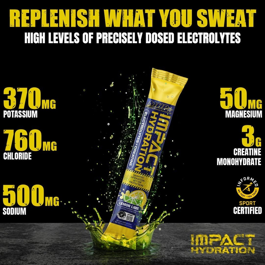 MHP Impact Hydration Electrolyte Creatin Sports Drikke Pack, Ingen kunstige sødestoffer eller farver, Performance, Recovery, Lemon Lime, 14 Greve