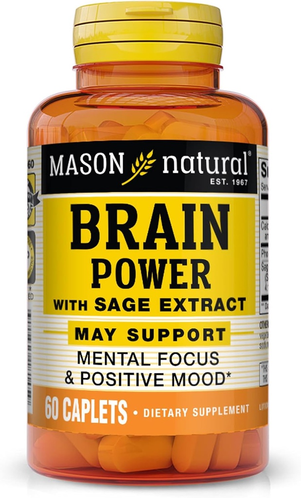 MASON NATURAL Brain Power med Sage Extract & Calcium, Dagligt supplement til Normal Mental Focus & Mood Support, 60 dages forsyning