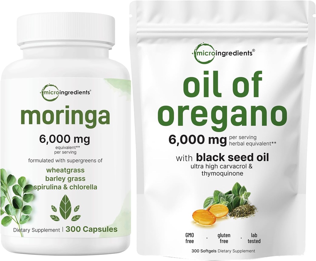 Micro Ingredients Oil of Oregano Softgels 300 Count & Moringa Oleifera 6.000mg Ækvivalent 300 Capsules Bundle 2 Pack Dex124; Carvacrol & Thymoquinone Dex124; Antioxidant Supplement