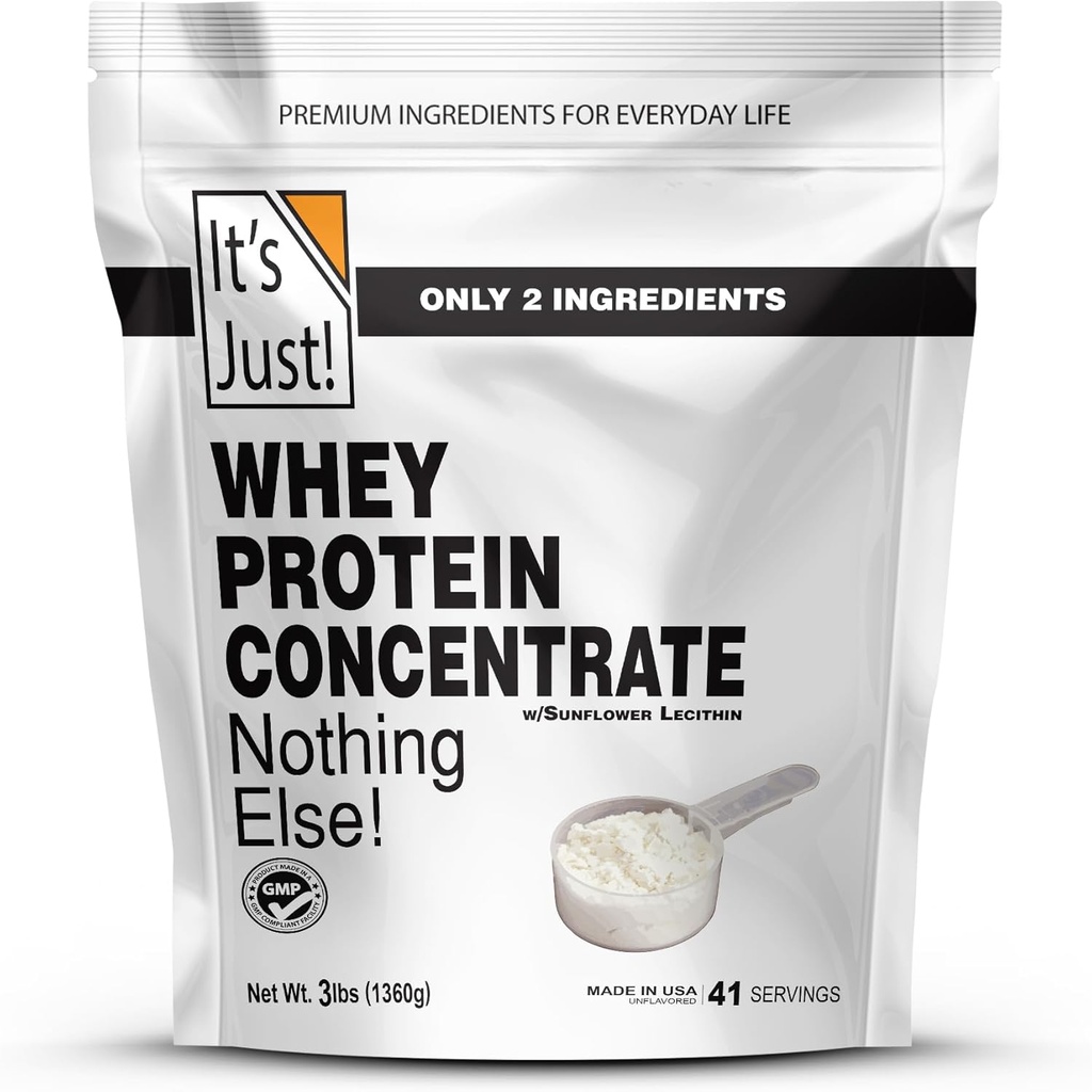 Det er bare! - 100% Whey Protein koncentrat, Made in USA, rBGH / RBST Hormone Free, Premium WPC- 80, Ingen tilsat smagsstoffer eller kunstige sødestoffer (3 Pound, Unflavored)
