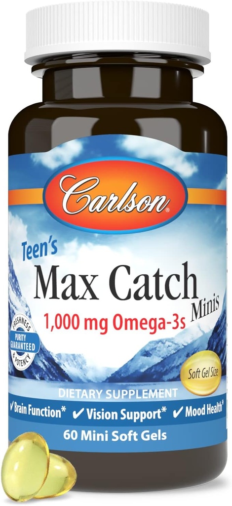 Carlson - Teens Max Catch Minis, 1000 mg Omega- 3s, Brain Health, Vision Support, Mood Health, 60 Softgels