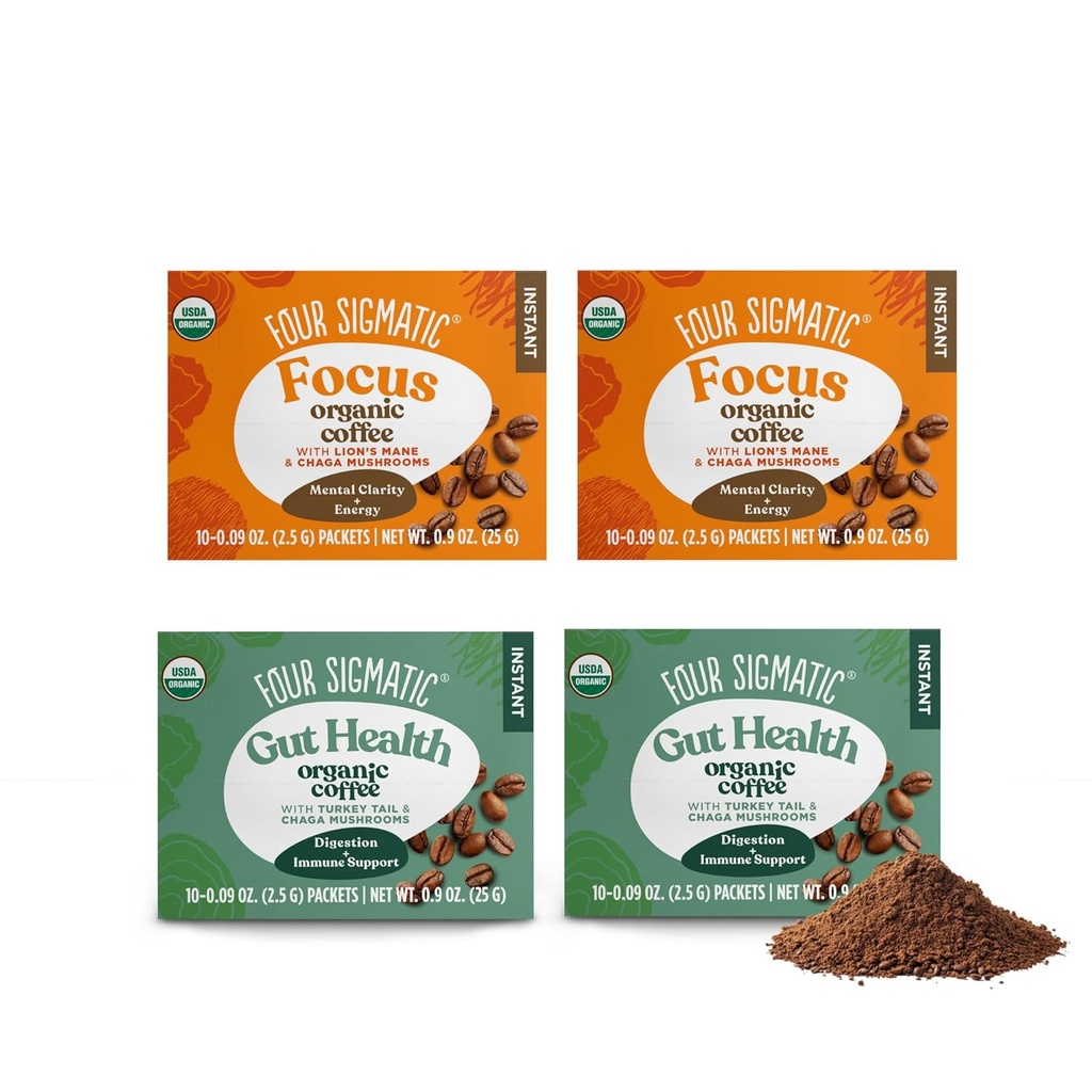 Four Sigmatic Mushroom Coffee Mix Pack of 4 - Lions Mane og Chaga & Cordyceps og Chaga - 10 Pakker Per Box