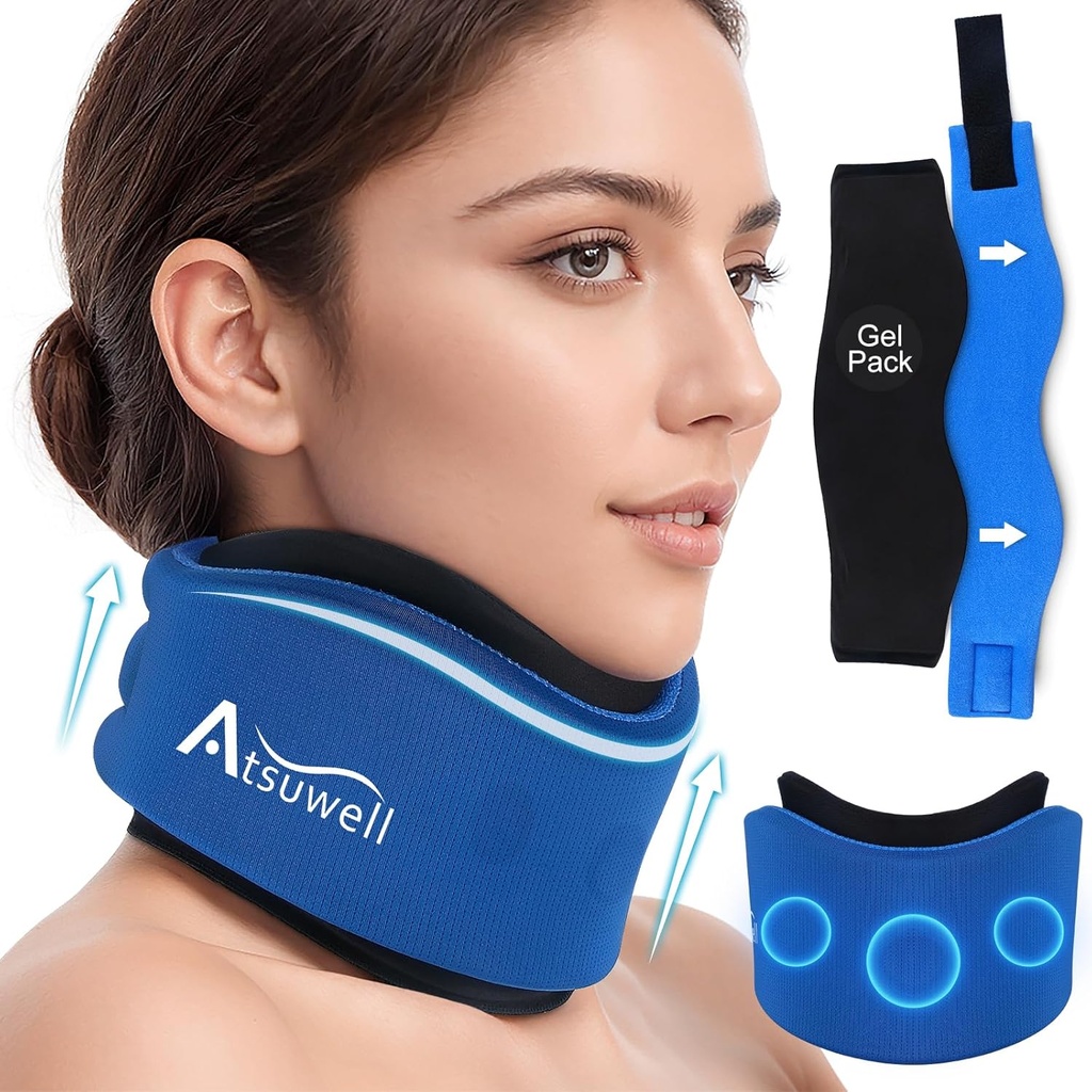 Atsuwell Neck Brace til sovende, Soft Cervical Collar til støtte, justerbar Neck Support Brace med Hot Cold Gel Packs Genbruges til Office Pressure, Træthed, Blå