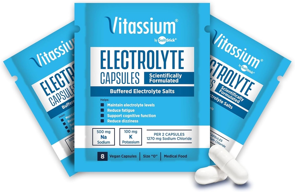 Vitamin kapsler, elektrolyter til diæthåndtering af symptomer på POTS syndrom (500 mg natrium - 100 mg kalium), 240 kapsler med buffer