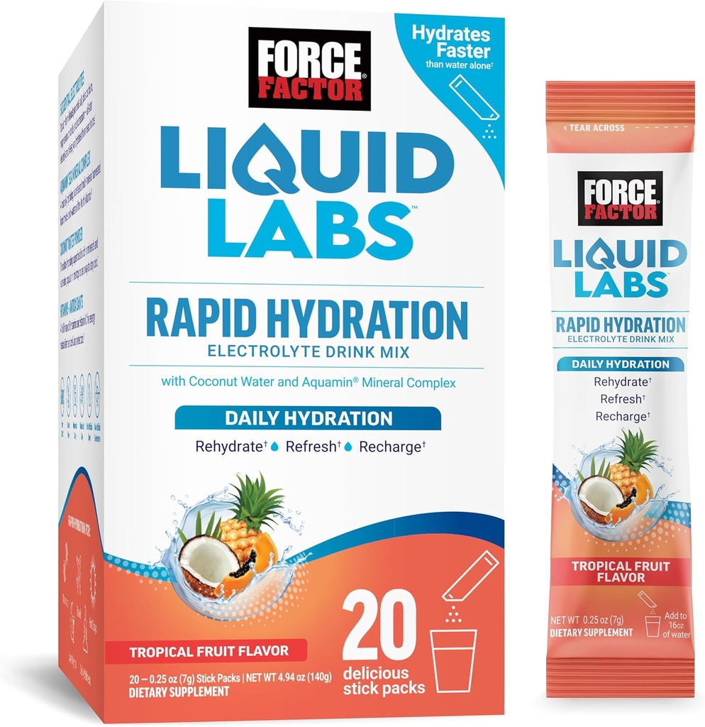FORCE FACTOR Liquid Labs Electrolytes Powder Pakker - Tropisk frugt - Hydrering Pakker til at lave Elektrolyte vand, med 5 Essentielle Elektrolyter, Vitaminer, Mineraler, og Antioxidanter, 20 Stick Packs