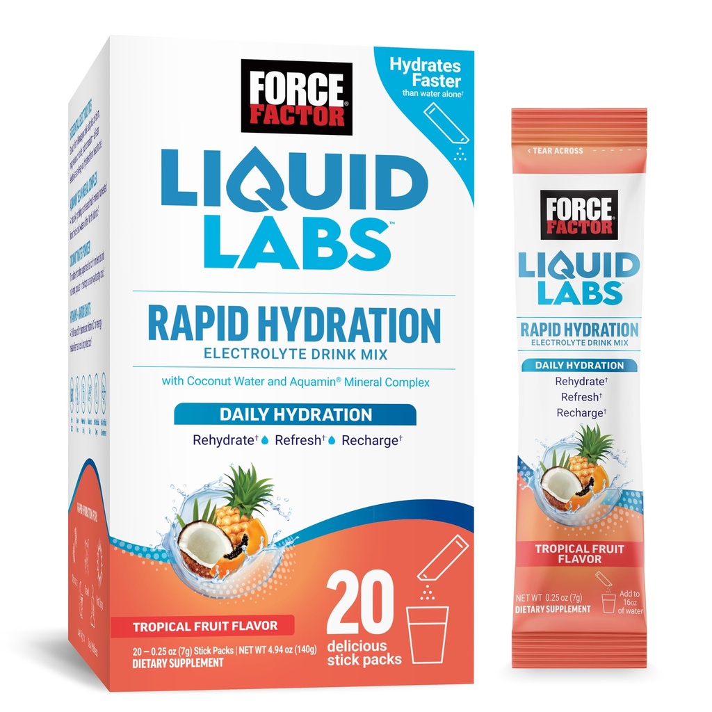 Force Factor Liquid Labs Electrolytes Powder Packets—Tropical Fruit—Hydration Packets to Make Electrolyte Water, with 5 Essential Electrolytes, Vitamins, Minerals, and Antioxidants, 20 Stick Packs