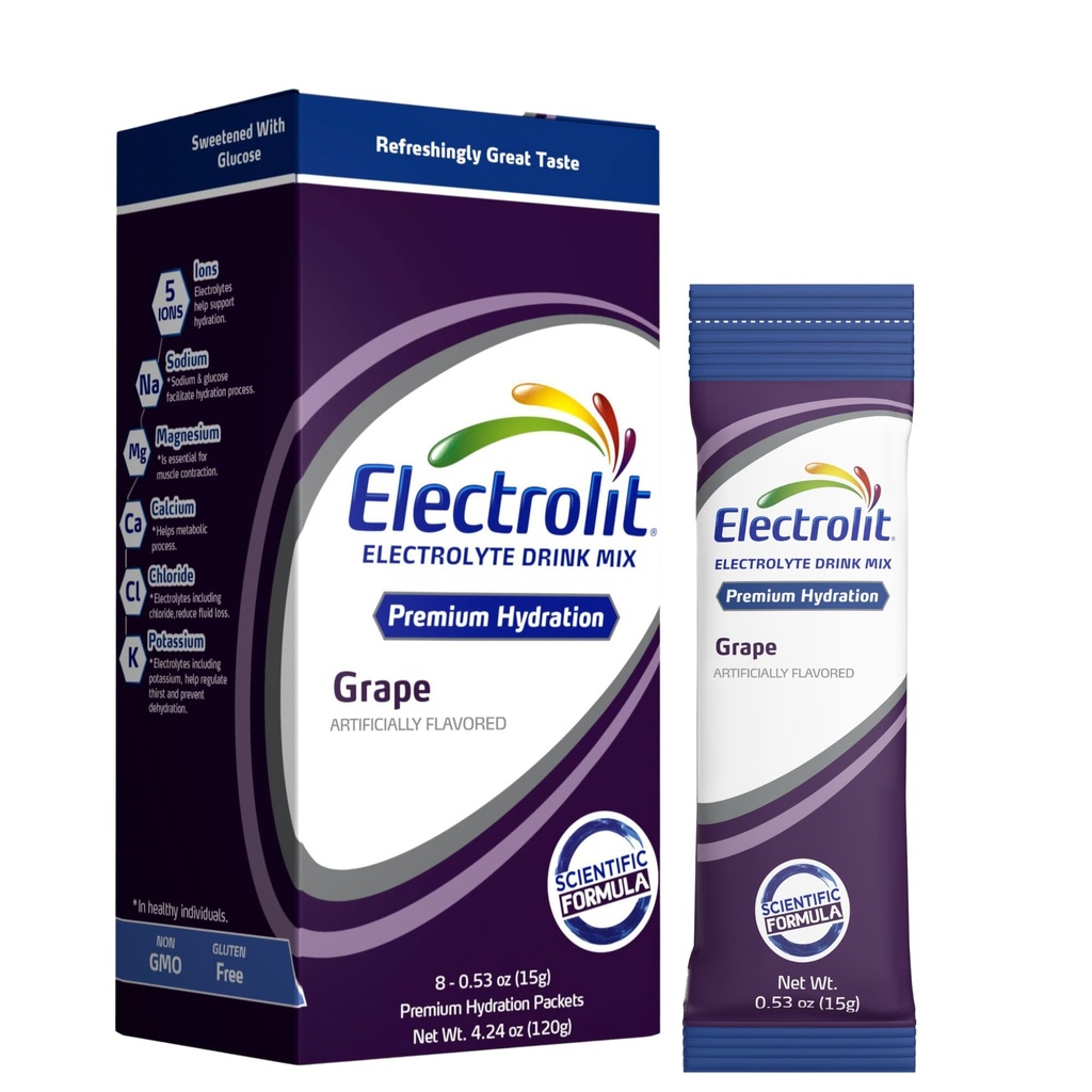 Elektrolytter Powder Pakker, Grape 8 Pack, Pulveriserede Hydration Pakker til Dehydrering & Rehydrering, Post Workout Foretrukket Hydrating Drink Mix, Gluten Free Daily Water Enhancer Sticks