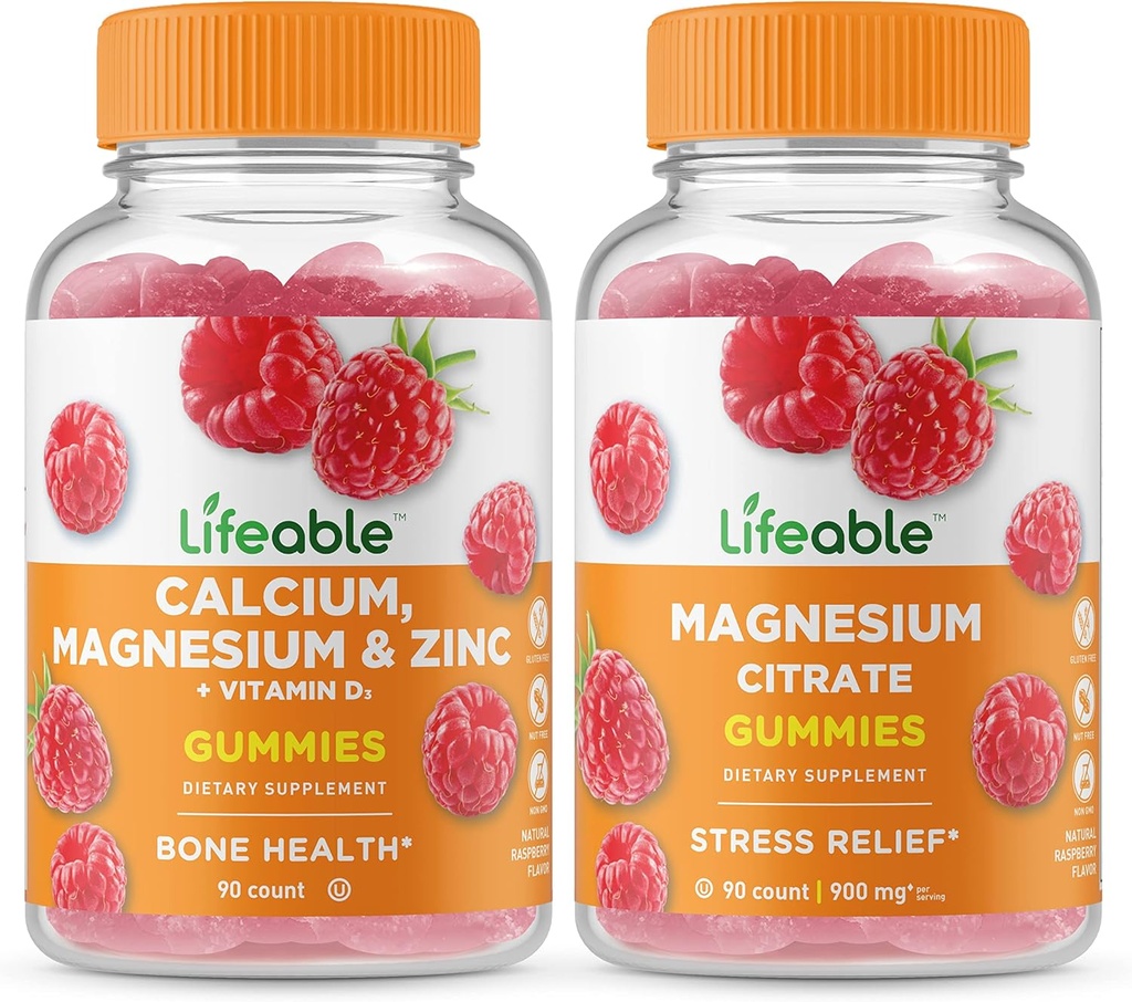 Lifeable Calcium, Magnesium, Zink & vitamin D + Magnesium, Gummies Bundle - Great Tasting, Vitamin Supplement, Gluten fri, GMO fri, Chewable Gummy