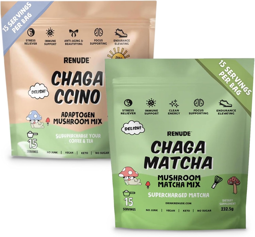 Renude Chaga Matcha og Chagaccino - Chaga Mushroom pulver til kaffe og Matcha, Mushroom drikke mix med adaptogener, Natural Energy and Immune Support, Vegan, Keto - 15 Servere hver