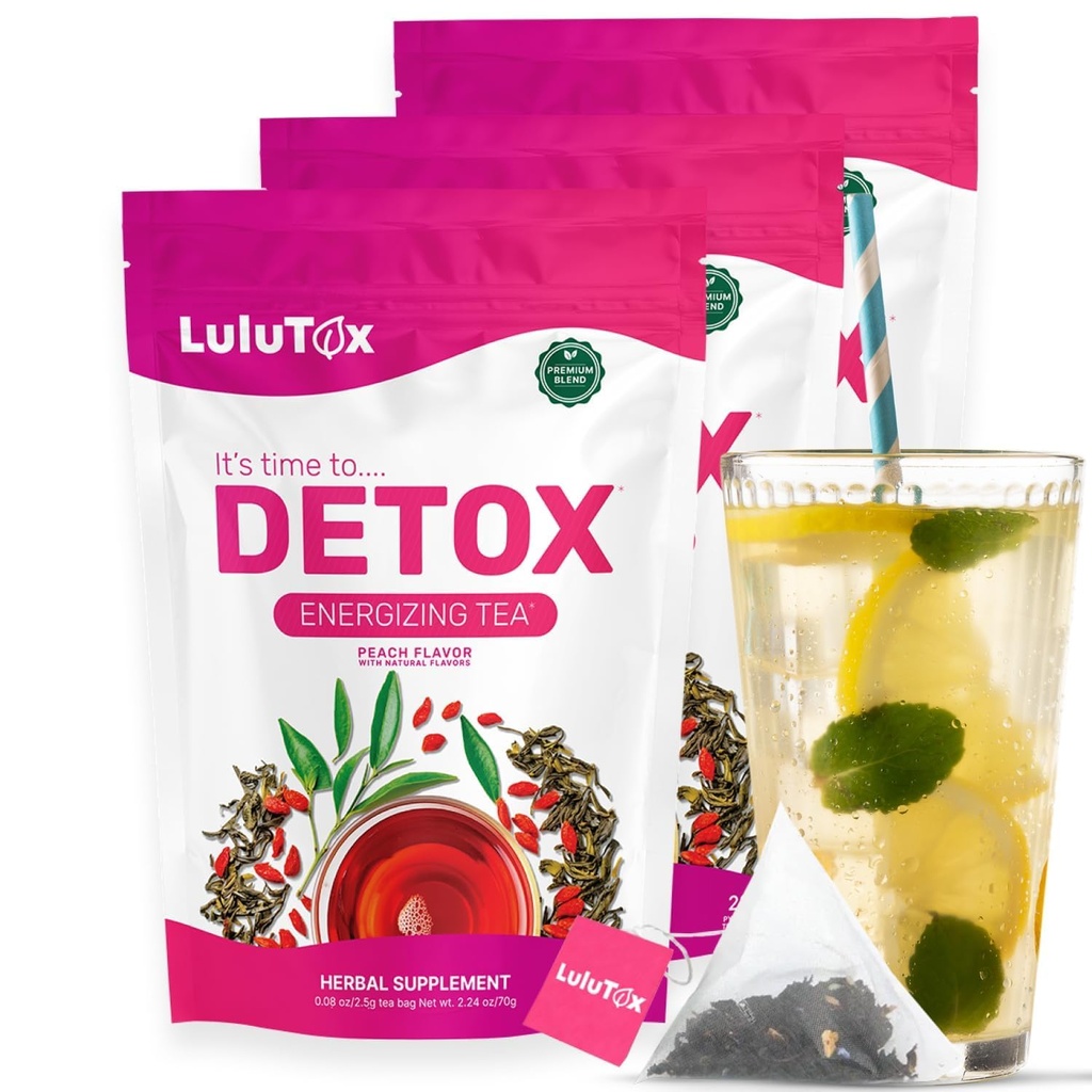 LULUTOX Detox Tea - Herbal Blend med Mælkebøtte, Ginseng, og Ginger - understøtter en sund vægt, fordøjelsessygdomme - Vegan, Alle naturlige, Laxative- Gratis - Peach Flavor (3 Pack x 28 Servering)