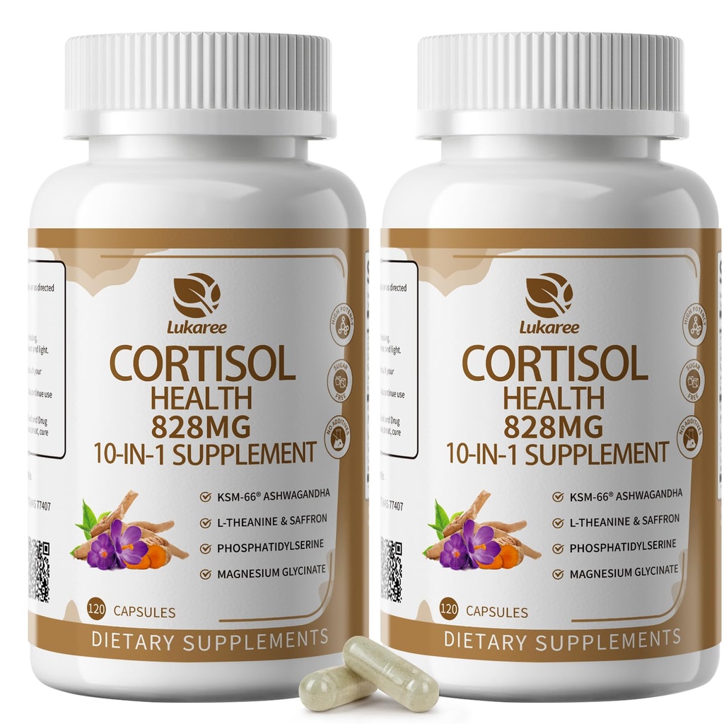 10- 1 Cortisol Kosttilskud med Magnesium, Ashwagandha, Kamille, L- Theanine, Phosphatidylserin, St. John 's wort, Astragalus, Vitamin C & D3, Til kvinder Mænd, 240 Veganske kapsler til 4 måneder, non-GMO