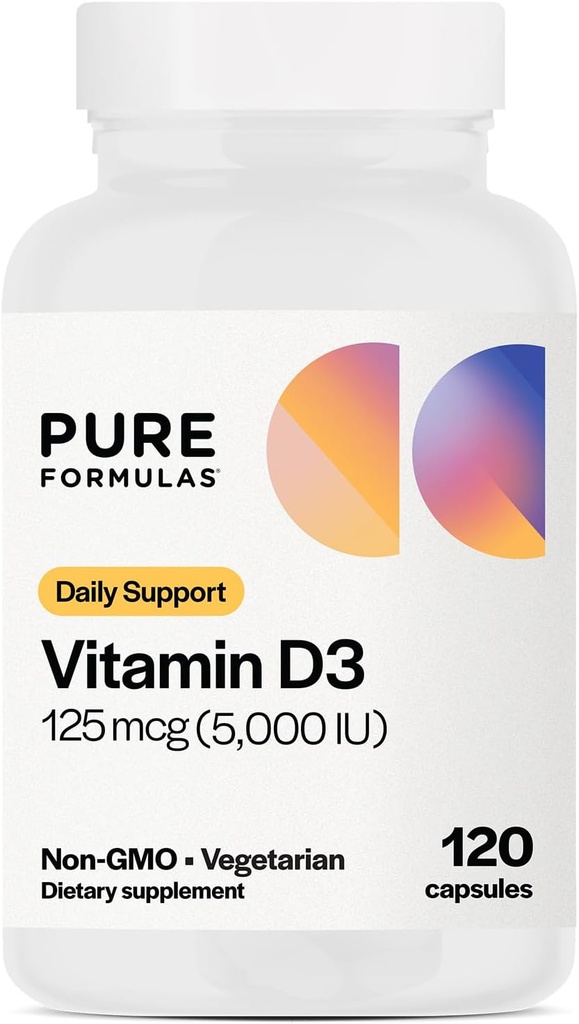 PureFormulas D3 5. 000 IE 125 mcg - Pure Vitamin D supplement til sund knogledannelse, tænder, cardiovaskulær sundhed, og immunstøtte Non- GMO - 120 Greve Vegetariske kapsler