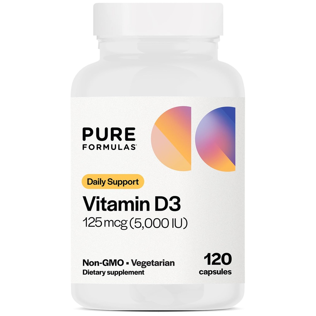 PureFormulas D3 5. 000 IE 125 mcg - Pure Vitamin D supplement til sund knogledannelse, tænder, cardiovaskulær sundhed, og immunstøtte Non- GMO - 120 Greve Vegetariske kapsler