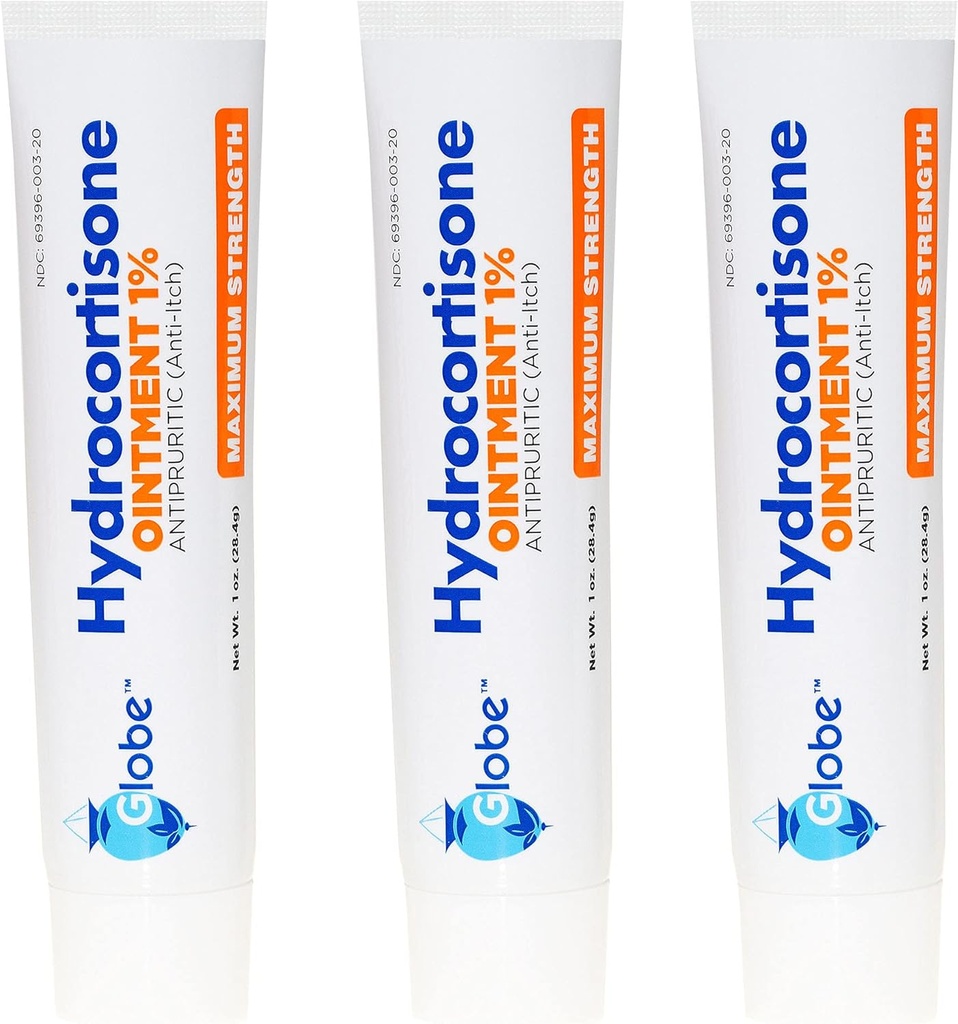 (3 Pack) Globe Hydrocortison Maksimum Strength Transparent Salve 1%, 1 oz, Anti- Itch Tematisk Salve for Rødme, Hævelse, Kløe, Udslæt, Bug / Mosquito Bites, Eczema, Hæmorider & Mere