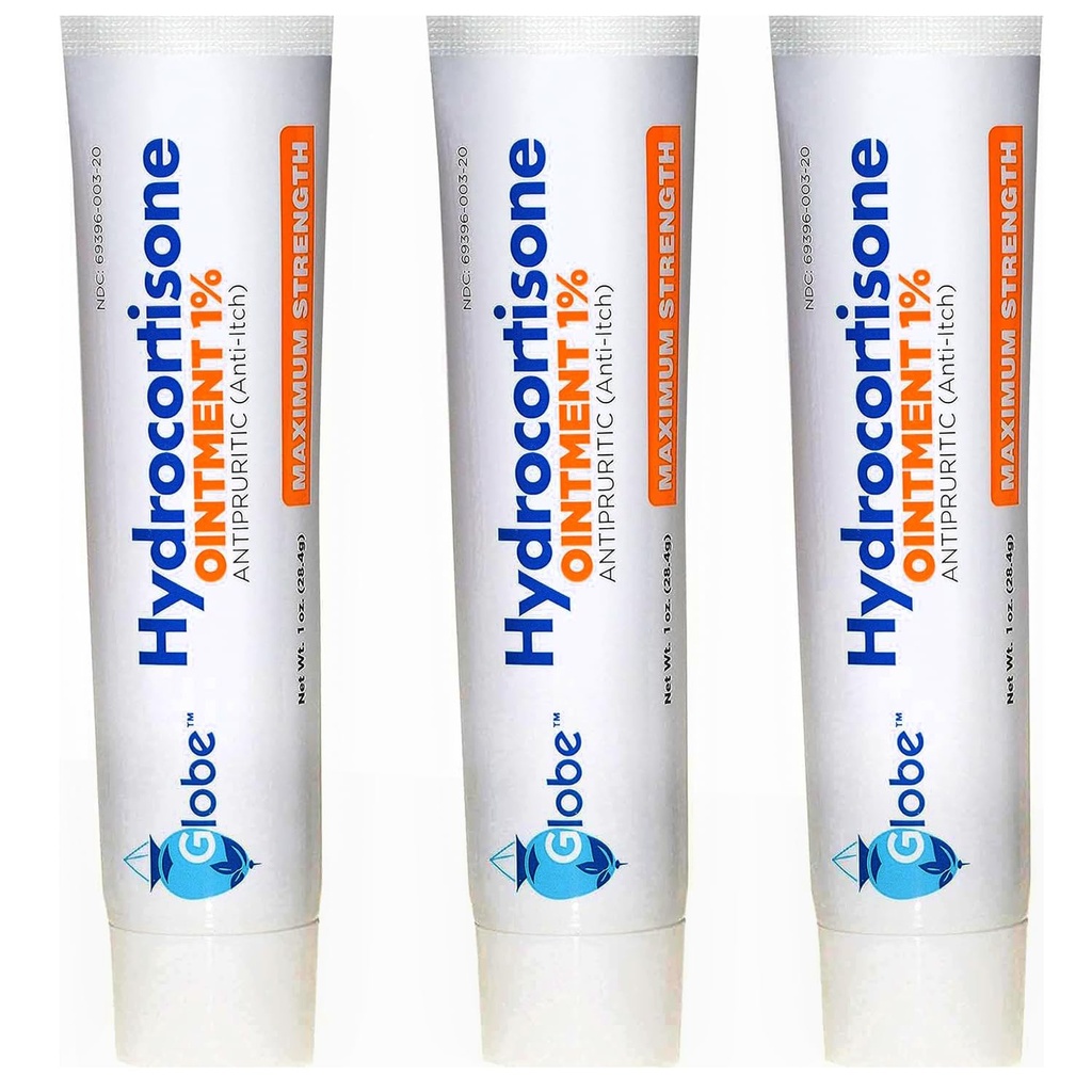 (3 Pack) Globe Hydrocortison Maksimum Strength Transparent Salve 1%, 1 oz, Anti- Itch Tematisk Salve for Rødme, Hævelse, Kløe, Udslæt, Bug / Mosquito Bites, Eczema, Hæmorider & Mere