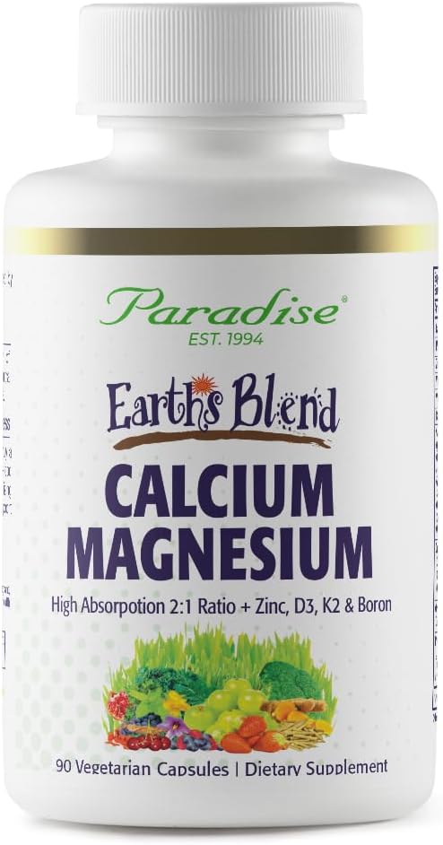 Paradise Urter Jordens Blend Calcium Magnesium + Zink, D3, K2 & Boron, Understøtter Bone Sundhed, Vegan, Non- GMO, Gluten Free, 90 Vegetariske Kapsler