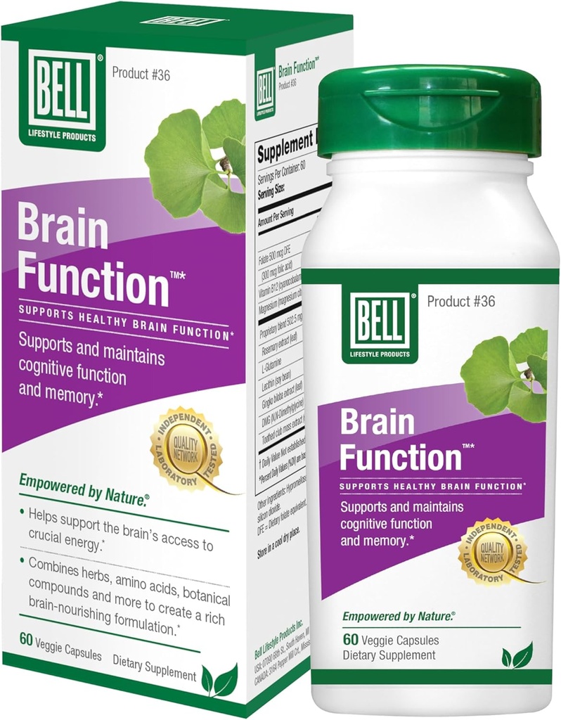 Bell Brain Function Lifestyle, Understøtter kognitiv sundhed med Ginkgo, Vitamin B12, Folate - 60 vegetariske kapsler
