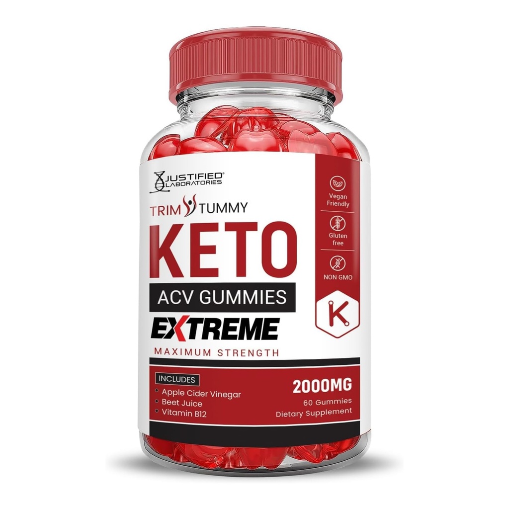 Justified Laboratories Trim Tummy Keto ACV Gummies Extreme 2000MG Trim Tummy Keto Gummies Apple Cider Vinticaria Formuleret med Pomegranate Beet Juice Powder B12 Vegan Non GMO 60 Gummys