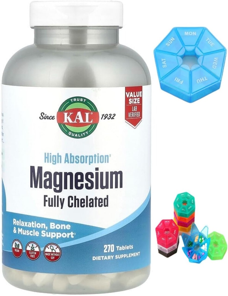 Lavet til KAL, Magnesium, Fuldt Chelated, Høj Absorption, 270 tabletter + 1 Mini Pill Box i 7 dage