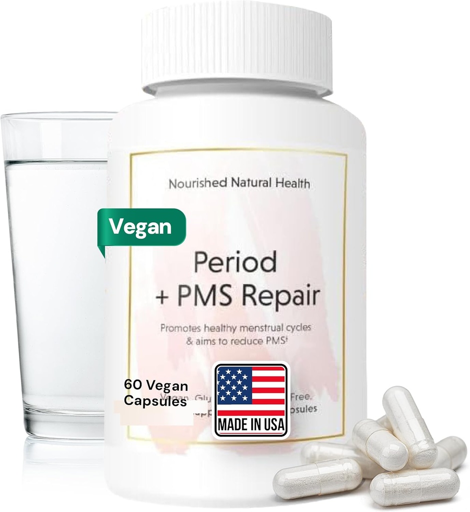 Nourised Periode + PMS Reparation - Menstruel cyklus support supplement til kvinder - Vegansk Formel for månedlige cykler, Cramping, Mood, Headaches - 60 kapsler