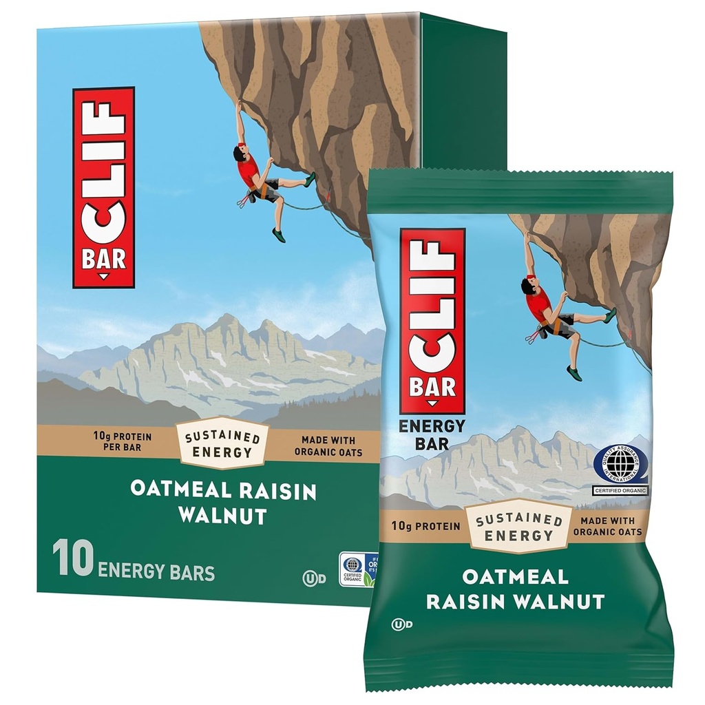 CLIF BAR - Energy Protein Bars - Havregryn Raisin Valnød - Lavet med Økologisk Havre - Energibar - Ikke-GMO - (10 Pack)
