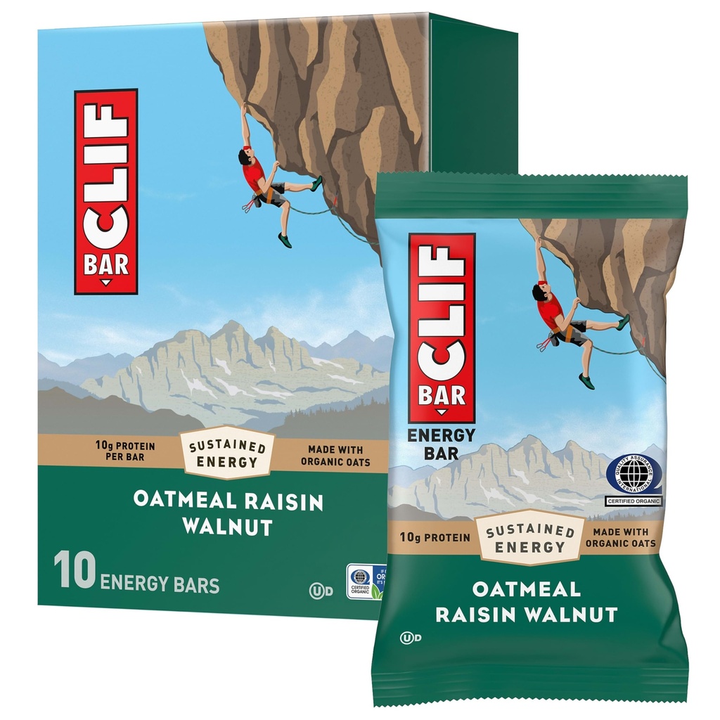 CLIF BAR - Energy Protein Bars - Havregryn Raisin Valnød - Lavet med Økologisk Havre - Energibar - Ikke-GMO - (10 Pack)