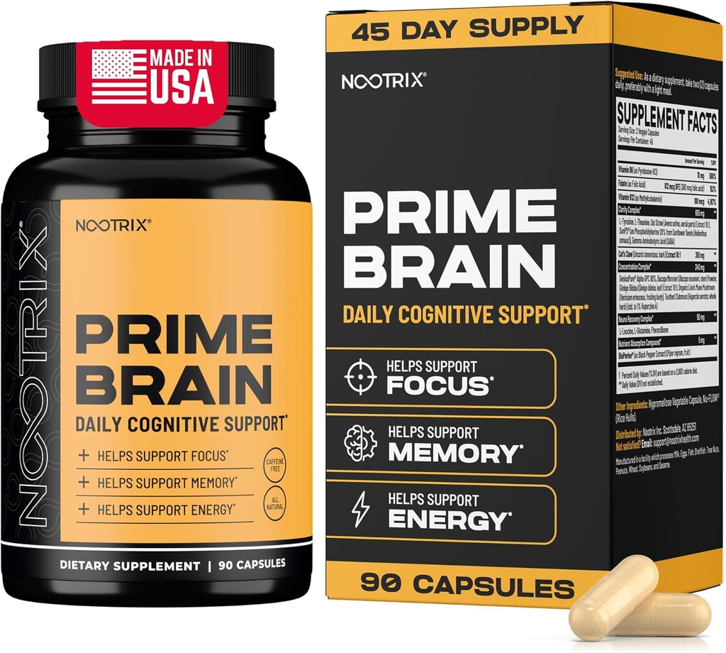 Nootrix Prime Brain Nootrop Supplements 124; Understøtter hukommelse, Mental Focus, kognitiv sundhed & energi; 124; fremmer sund mood & hjerne funktion; 124; Ginkgo Biloba, Lions Mane & L Theanine Beeg 124; 90 Kapsler
