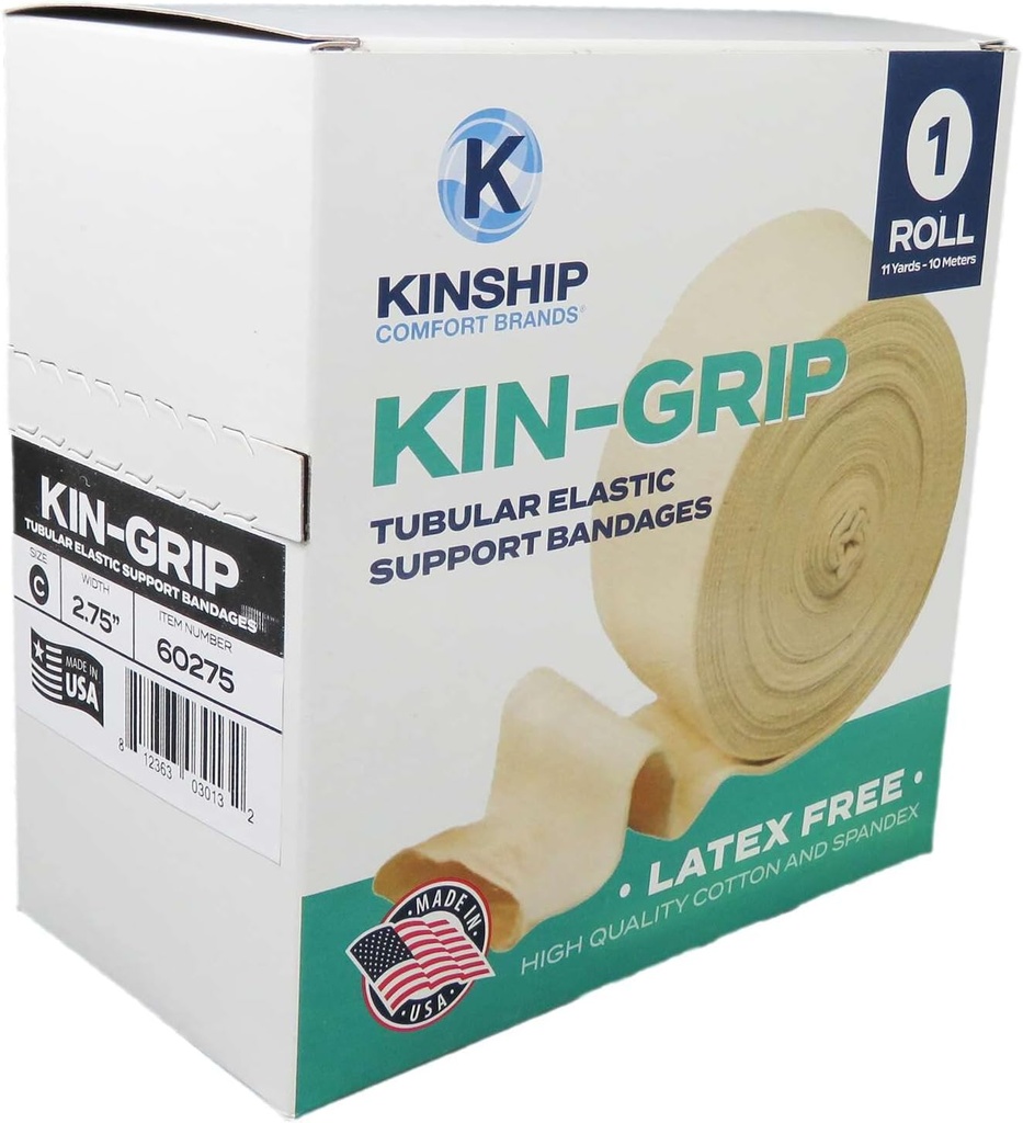 KinGrip Tubular Elastisk Support Bandager af Kinship Comfort Brands Tubular Bandage Beskytter Fragil Skin Latex- Free Wund Care for Edema og Lymphedma Support 124; Lavet i USA; Størrelse C 2,75 "x10 MTR