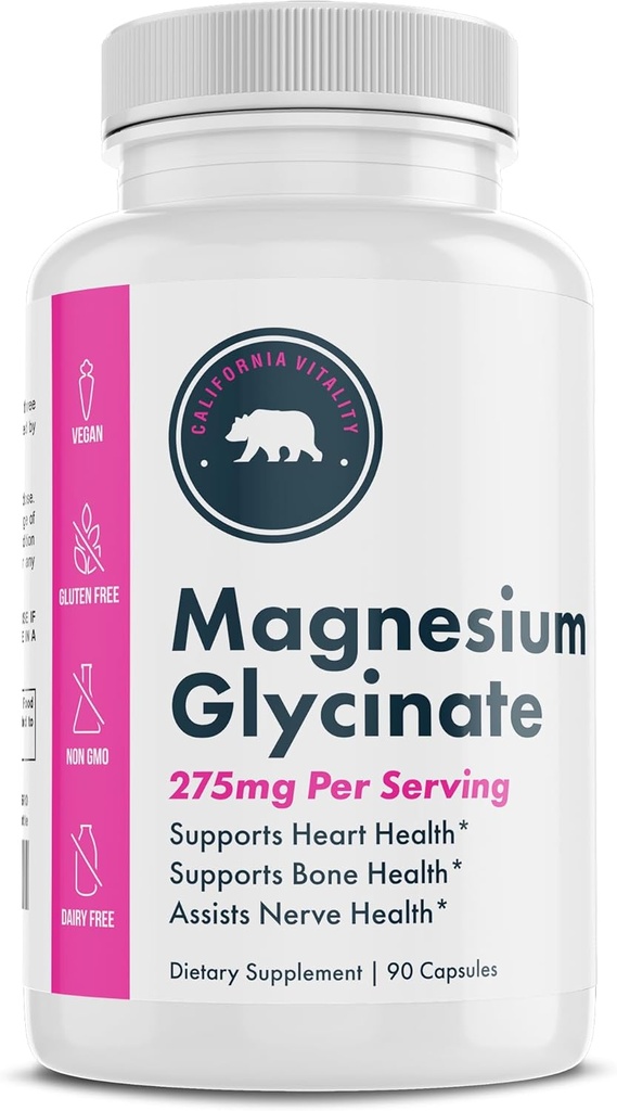 Magnesium Glycinate - 275mg per servering, Made in The USA, Vegan, Non- GMO, Gluten- Free, og Dairy- Free - 90 Kapsler