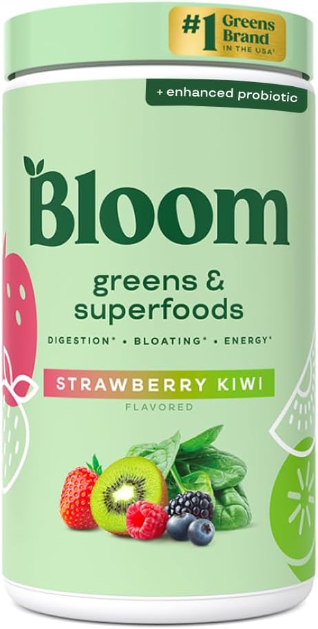 Bloom Nutrition Superfood Green Powder, fordøjelsesenzymer med Probiotika og Prebiotika, Gut Health, Bloating Relief for Women, Chlorella, Green Juice Mix w Beet Root Powder, 60 SVG, Jordbær Kiwi
