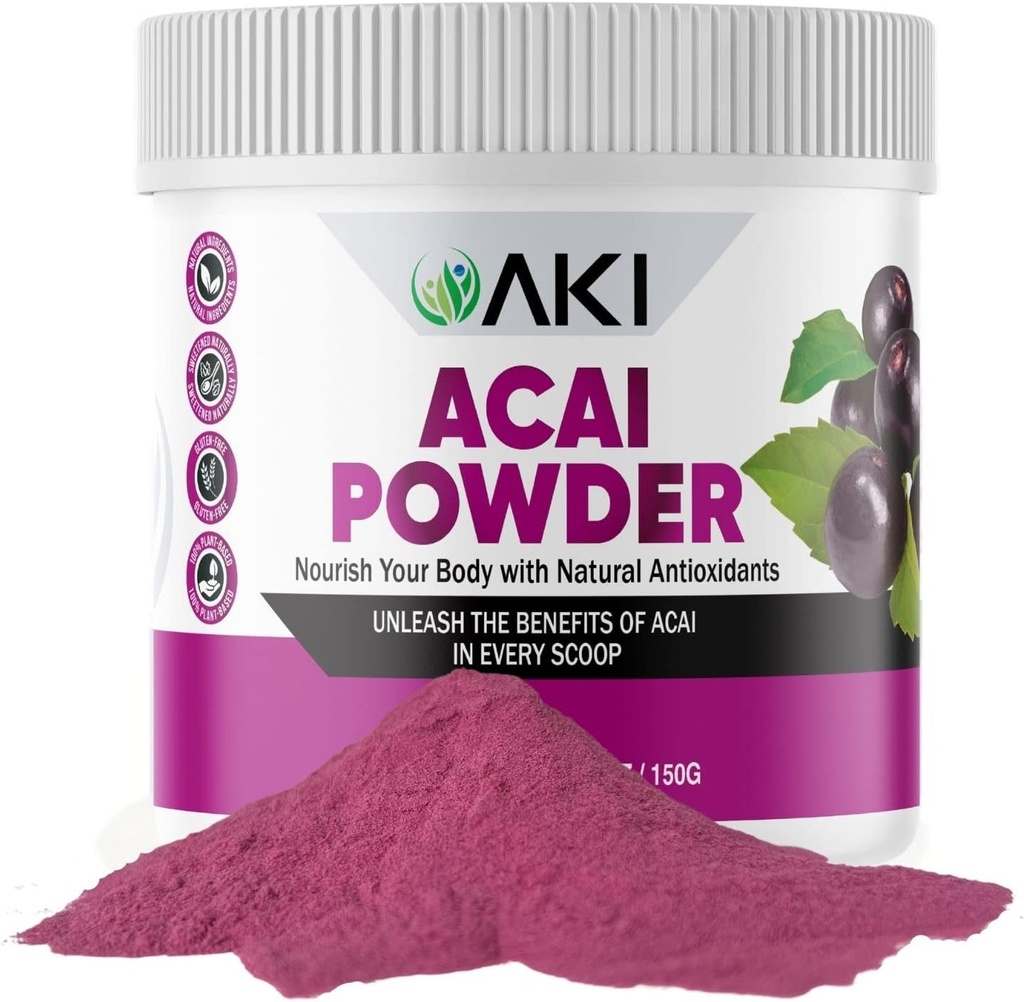AKI Acai Pulver - Nærm din krop med ideelle vitaminer og næringsstoffer - Pulver til smoothies - Non-GMO, Vegan Friendly & Gluten Free (5.30oz / 150g)