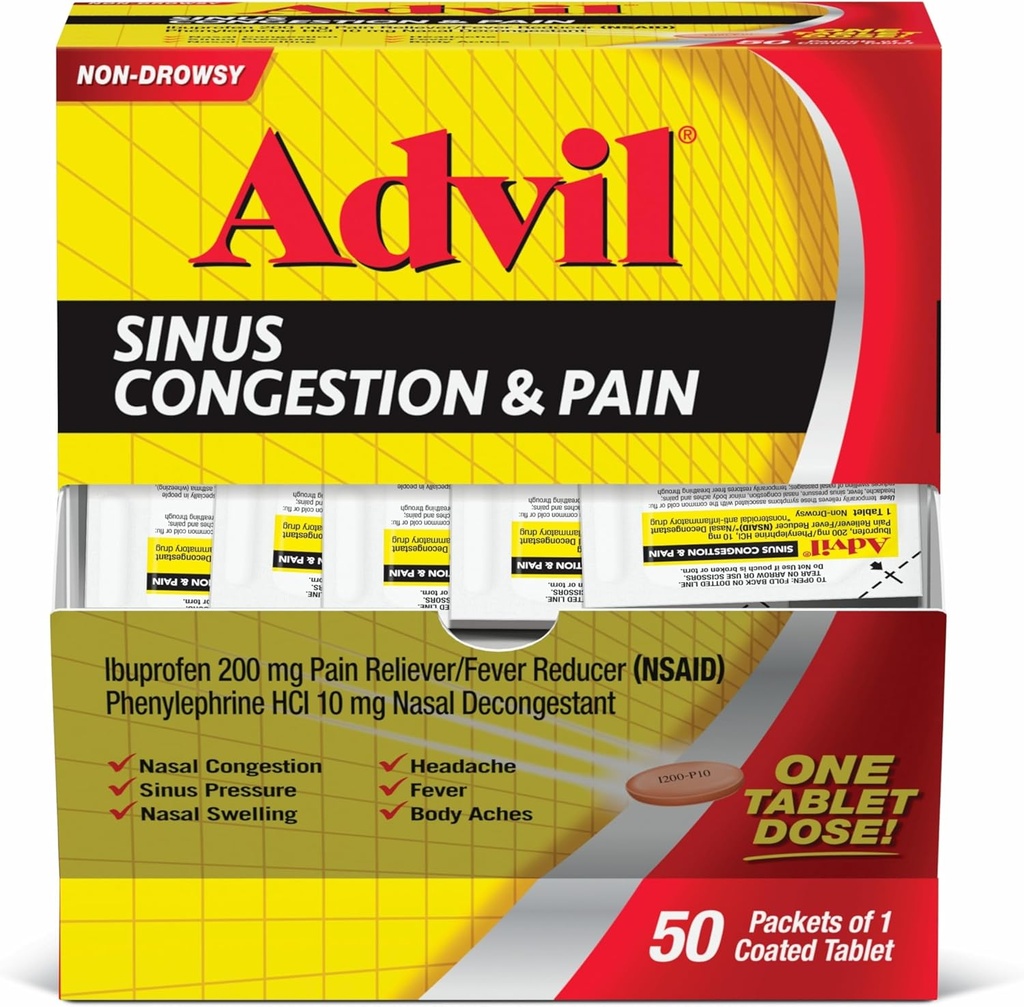 Advil Sinus Congestion and Pain, Sinus Relief Medicine, Pain Reliever og Feber Reducer med Ibuprofen og Phenylephrin HCl - 50 overtrukne tabletter