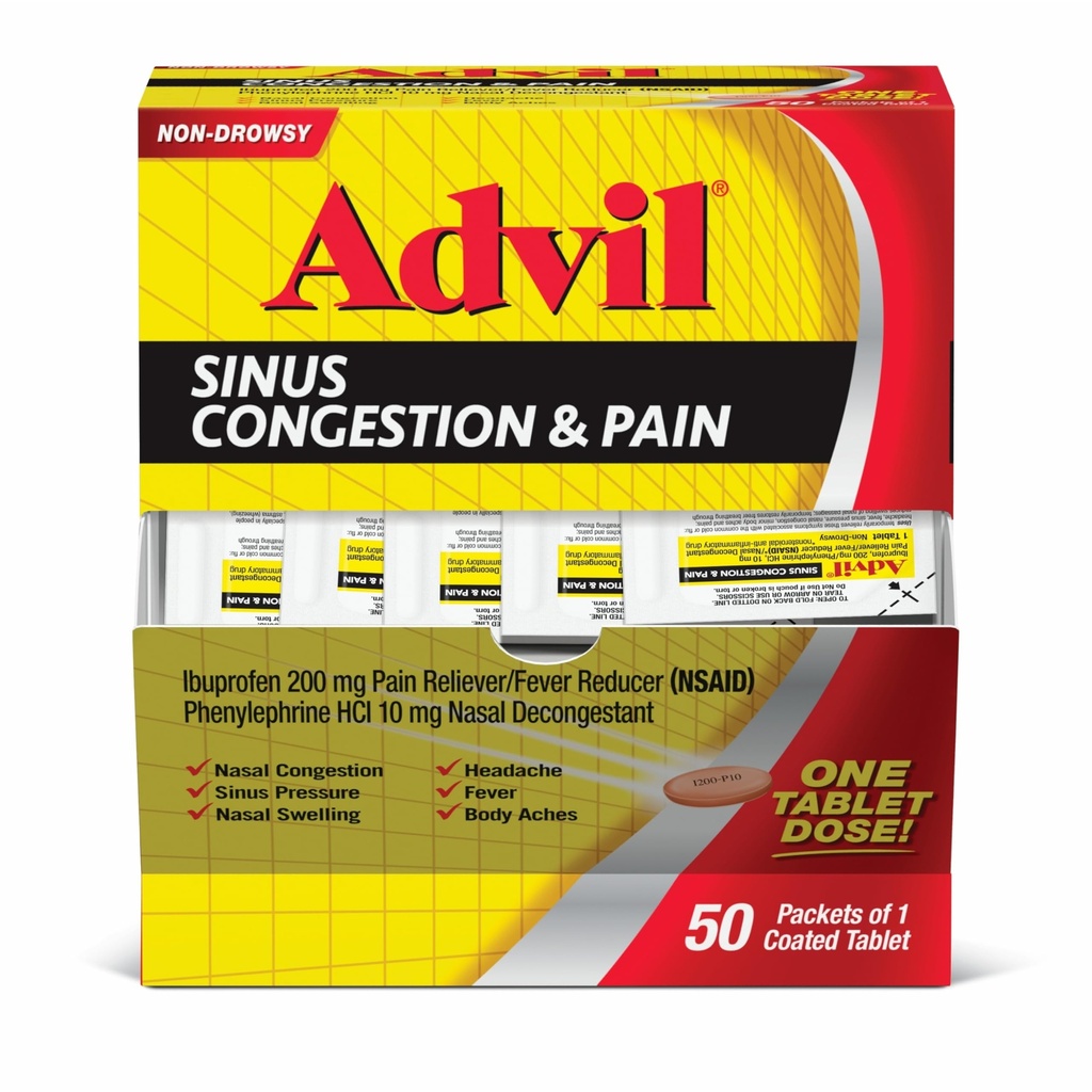 Advil Sinus Congestion and Pain, Sinus Relief Medicine, Pain Reliever og Feber Reducer med Ibuprofen og Phenylephrin HCl - 50 overtrukne tabletter