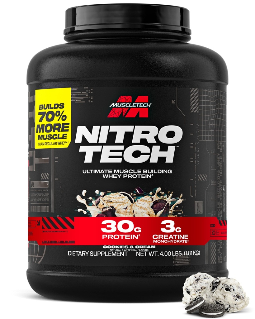 Muscletech Whey Protein Powder (Cookies & Cream, 4 Pound) - Nitro- Tech Ultimate Muscle Building Formel med Whey Protein Isolate - 30g Protein, 3 g Creatin & 6,8 g BCAA - Packaging May Vary