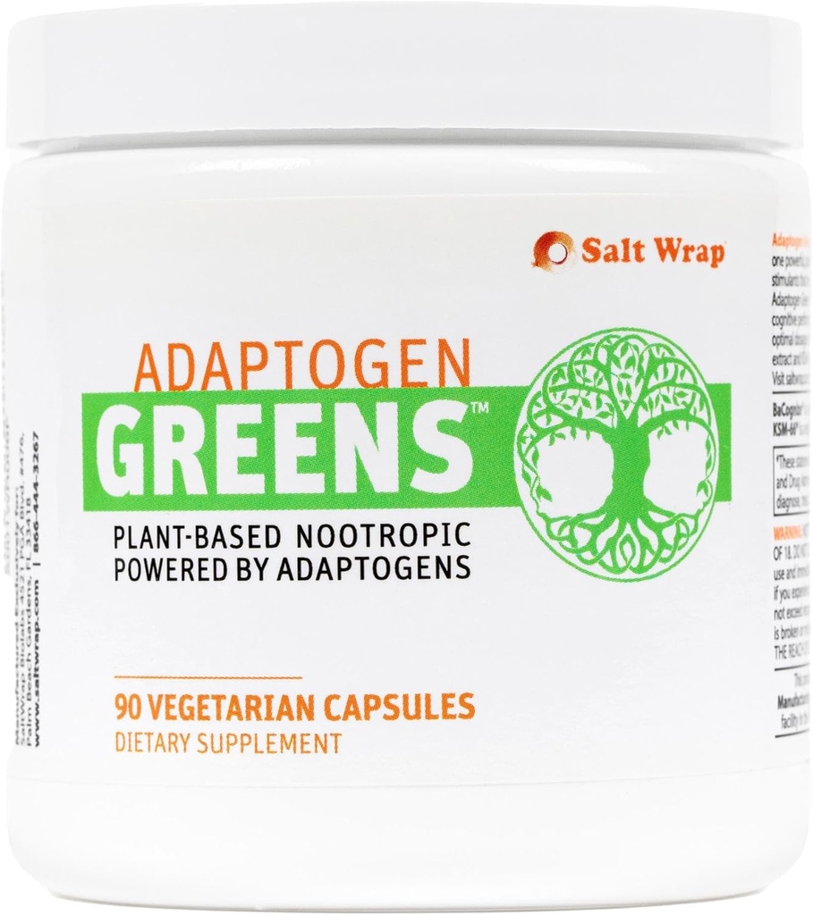 SaltWrap Adaptogen Green - Mind- Body Resilience Formel - Coffein- Free Nootrop til stress, fokus og kognitiv ydeevne - 90 kapsler