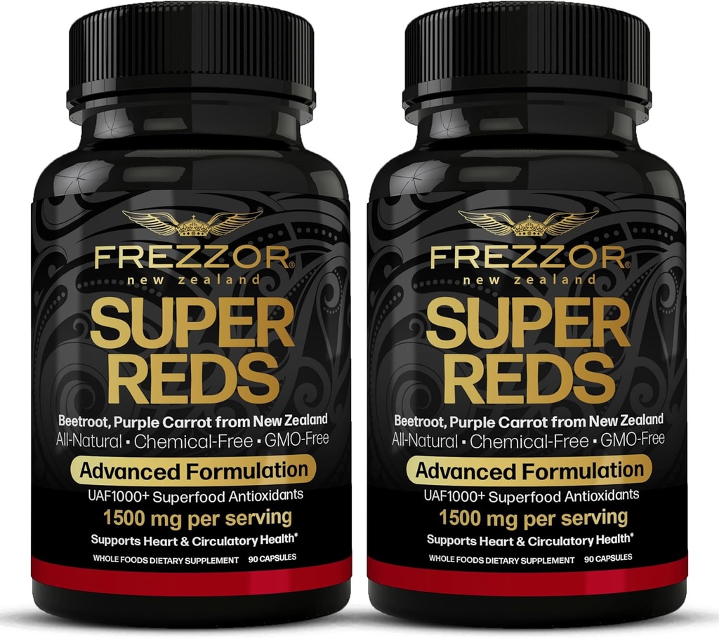 FREZZOR Super Reds kapsler med UAF1000 +, All- Natural New Zealand Red Superfood Energy, Essential Red Fruits Veggies & Beets, Antioxidanter, Enzymes, Energitilskud, 180 Kapsler, 2 Flasker