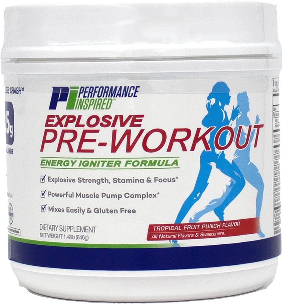 Performance Inspireret Nutrition PreWorkout Powder - All Natural - G- Free & Vegan Formel - Indeholder Citrulin - Nitrosigine - Green Tea - Arginin - Beta alanine - Tropical Fruit Punch - 32 Serveringer