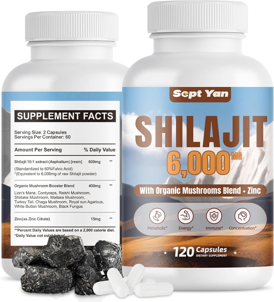 Shilajit Himalayan Kapsler - Pure Himalayan Organic Supplement med svampe Blend, Zink - 2 måneder Tilgang til styrke, Stamina, hjerne og immunforsvar - Shilajit for kvinder & mænd 120 Grev Vegan