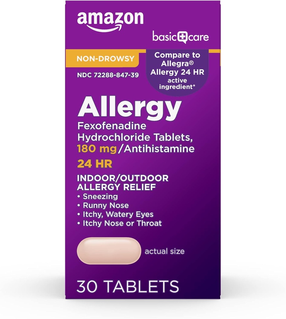 Basic Care Alle dage Allergi Relief, Fexofenadine Hydrochloride Tablets, 180 mg, Antihistamin, Non- Drowsy, 24- Hour Relief, 30 Greve