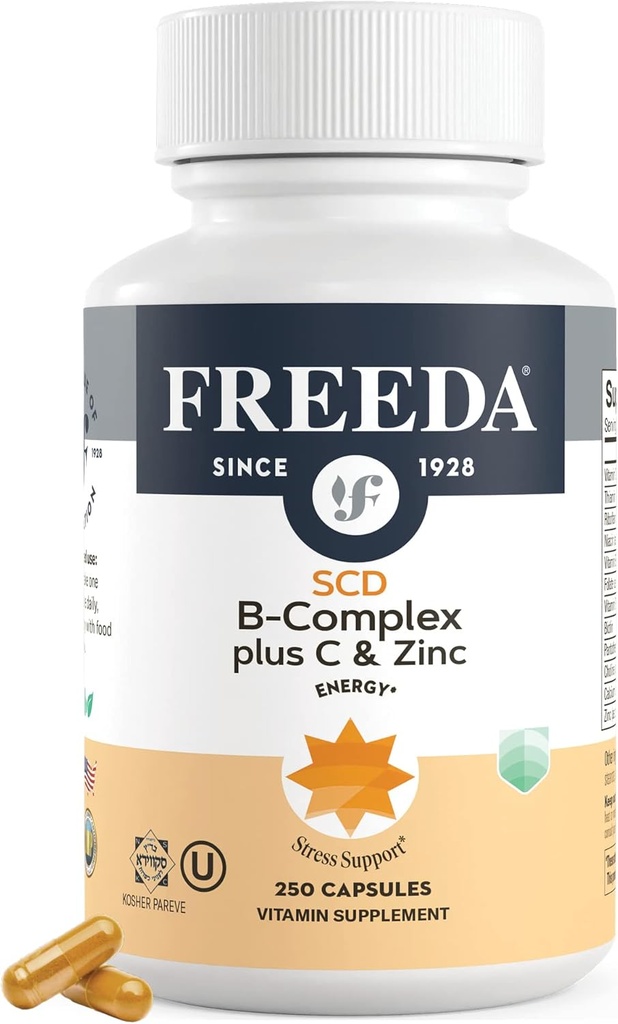 FREEDA Complex B Complex med C-vitamin & zink - SCD Legal Vitamin B Complex (B1, B2, B3, B6, B12) - 250 vegetariske kapsler, egnet til alle herunder SCD Diet followers, Daglig sundhedsstøtte