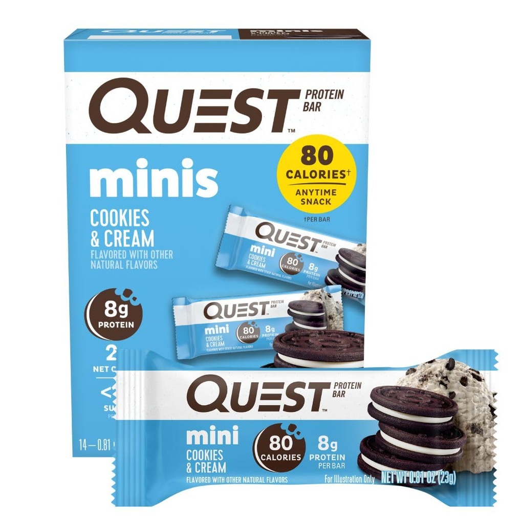 Quest Nutrition Mini Cookies & Cream Protein Bars, 8g Protein, 1g Sukker, 2g Net Carbs, Gluten Free, 14 Greve