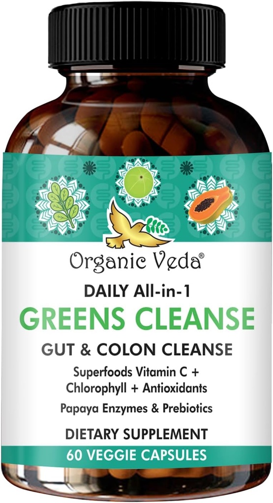 Super Greens Total Gut Sundhed, fordøjelse & Colon Cleanse Supplement - Alle i én Økologisk superfødevarer, Gurkemeje, Papaya, Chlorophyll, Moringa, Psyllium Husk, Triphala, fordøjelsesenzymer - 60 kapsler