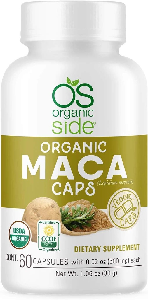 Organic Side | Maca Capsules | USDA Certified Organic, Non-GMO, Vegan | 60 Capsules for Energy | Hormone Balance, and Vitality | Natural Supplement