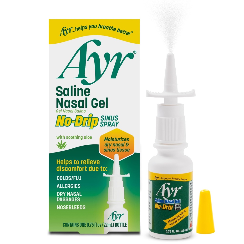 Ayr Saline Nasal Gel No- drip Sinus Spray with Soothing Aloe Vera, 0,75 Fl Oz Spray Flaske, (pakning med 1)
