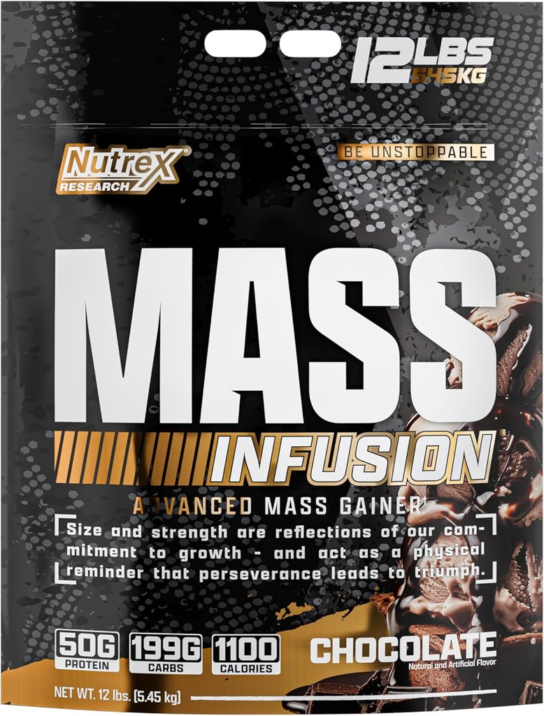 Nutrex Mass Infusion Chocolate Advanced Mass Gainer Protein Powder | 100% Whey Weight Gainer Shake | 12 Pound