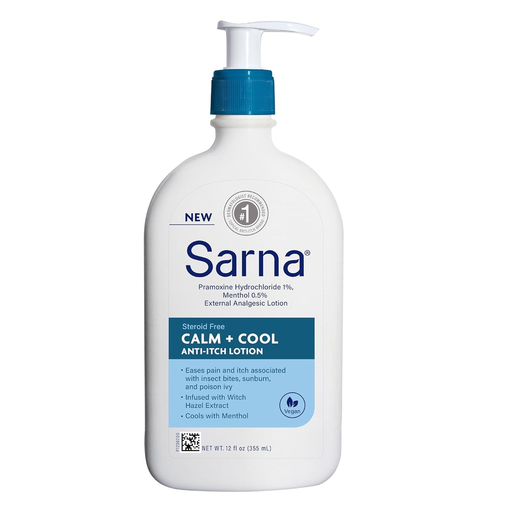 Sarna Calm + Cool Anti- Itch Lotion, Sothe og Relieve Smerte og Itch fra Insect Bites, Sunburn, & Poison Ivy, Indeholder 1% Pramoxine Hydrochlorid, 0,5% mentol, Vegan, Steroid- Free, 12 oz